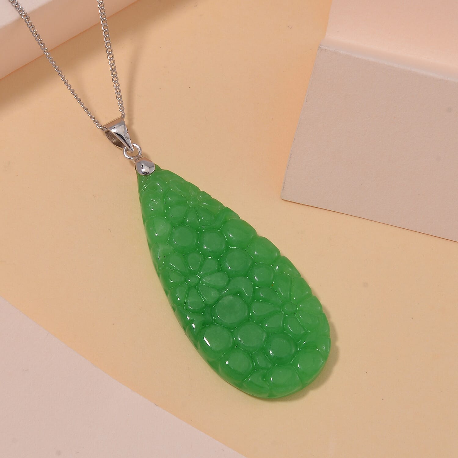  Carved Green Jade Pendant with Chain (Size 20) in Platinum and Rhodium Overlay Sterling Silver