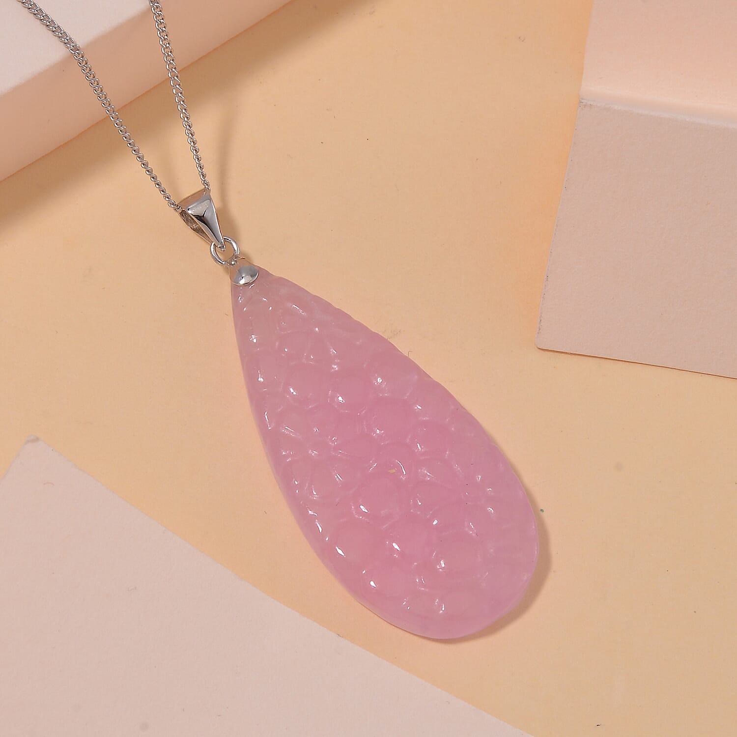 Pink Jade Pendant with Chain (Size 20) in Platinum Overlay and rhodium Sterling Silver  75.000  Ct.