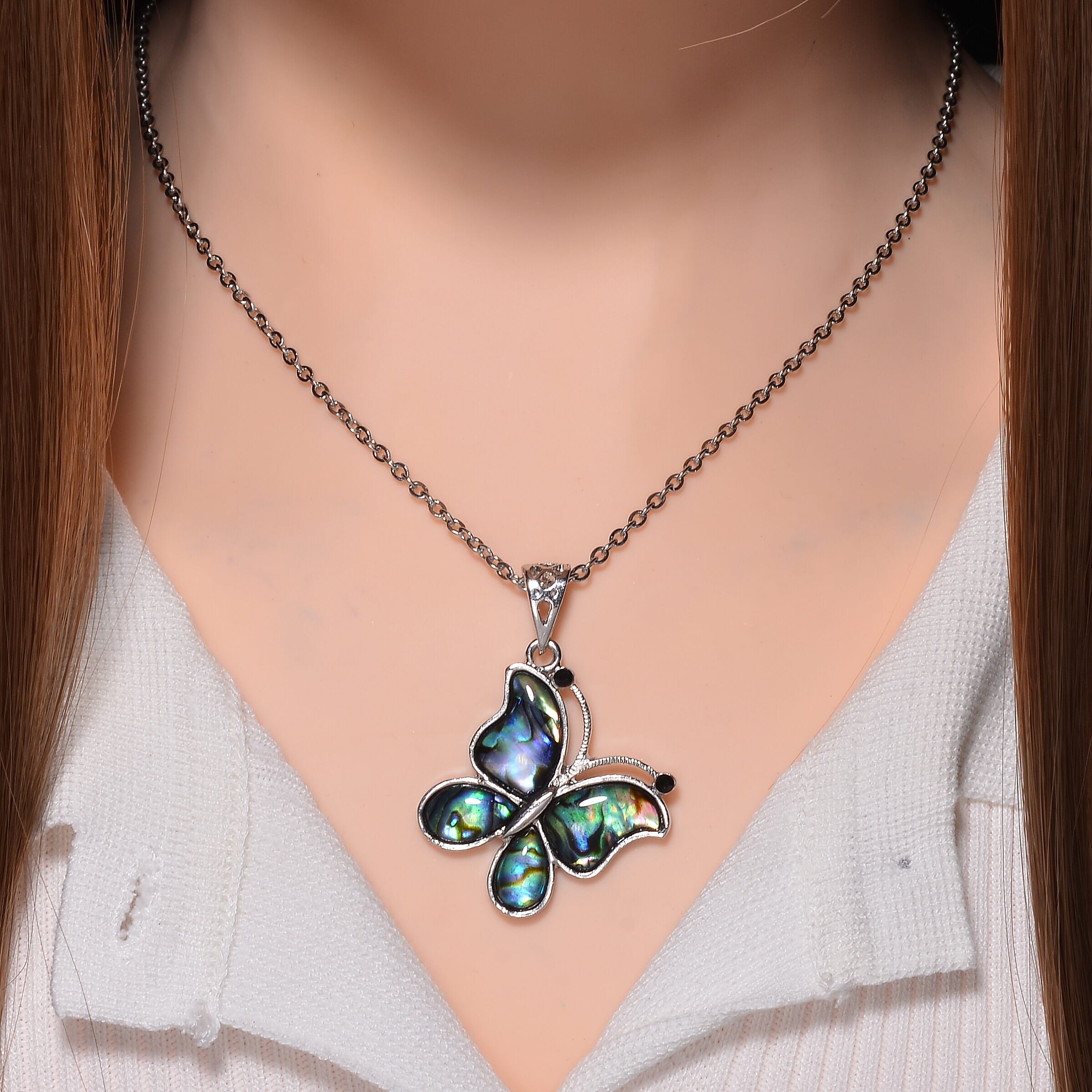 Abalone Shell & Black Austrian Crystal Pendant with Chain (Size 20)