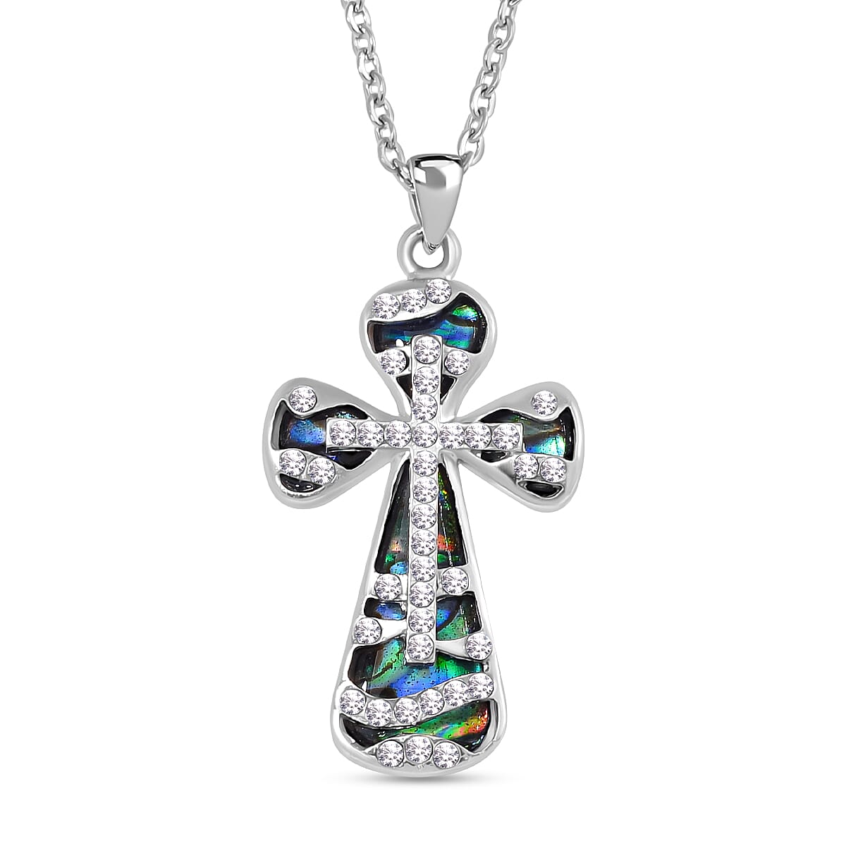 Abalone Shell & White Austrian Crystal Pendant with Chain (Size 20)