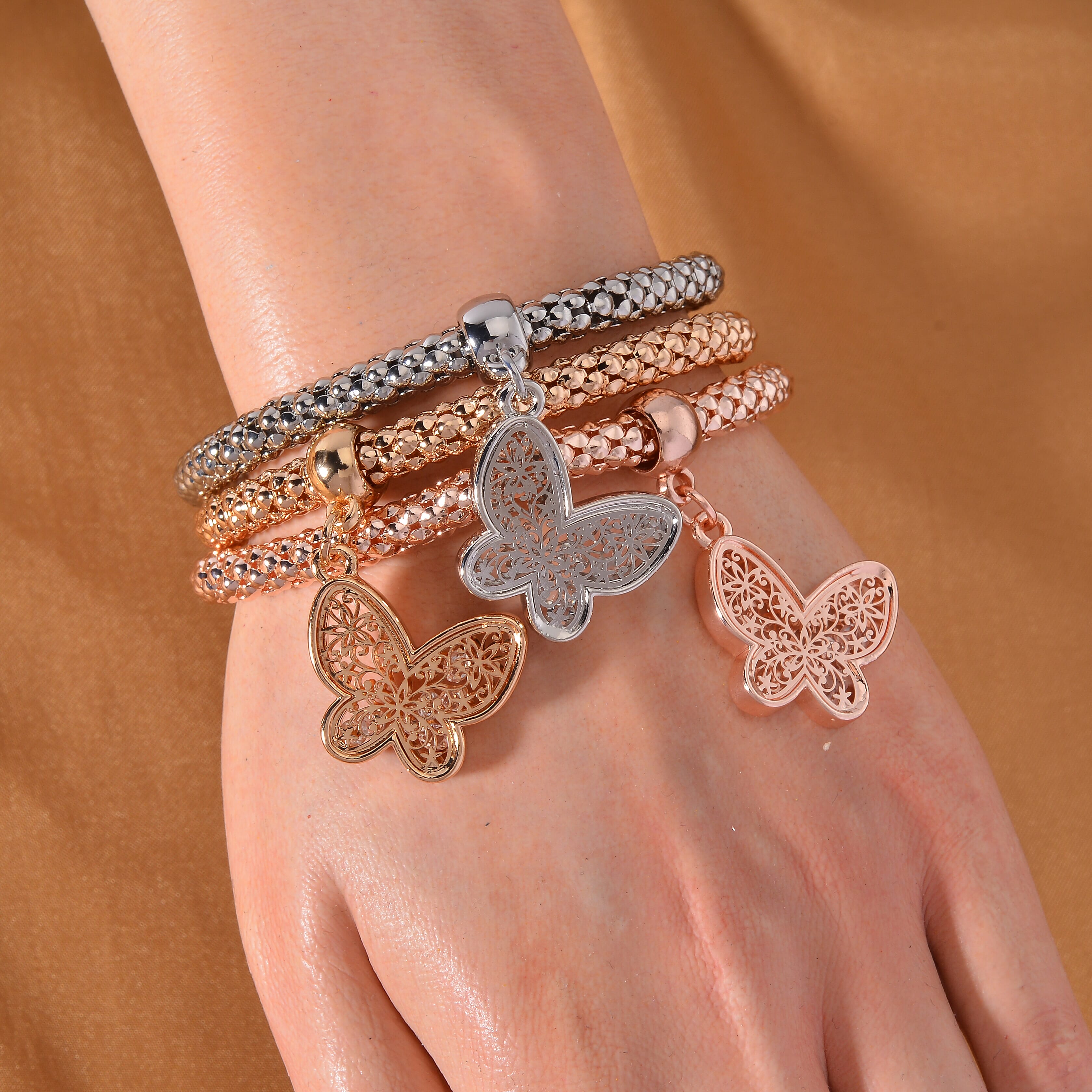 Set of 3 -  White Austrian Crystal Butterfly Charms Bracelet (Size 7.5)