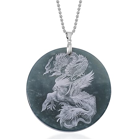 Exclusive Edition Natural Type A Olmec Jadeite Jade Dragon & Pheonix Pendant with Chain (Size 20) in Rhodium Overlay Sterling Silver 185.00 Ct