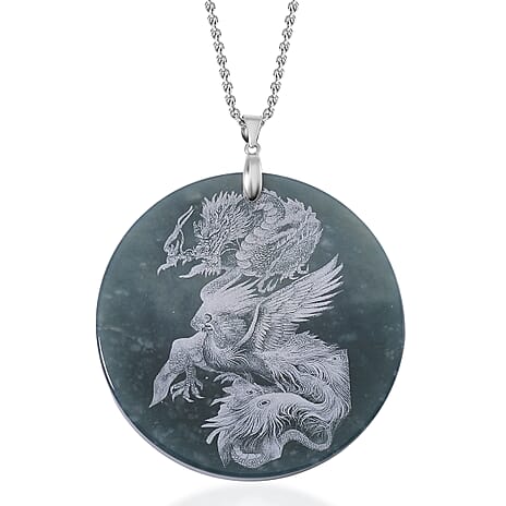 Exclusive Edition Natural Type A Olmec Jadeite Jade Dragon & Pheonix Pendant with Chain (Size 20) in Rhodium Overlay Sterling Silver 185.00 Ct