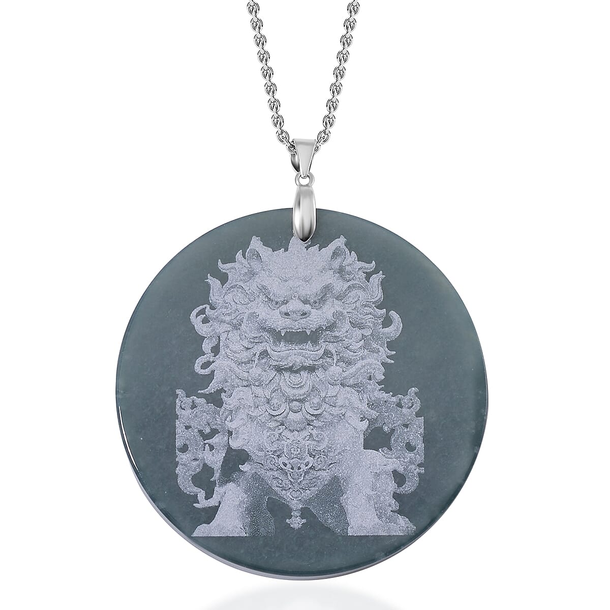 Natural Type A Olmec Jadeite Lion Pendant with Chain (Size 20) in Rhodium Overlay Sterling Silver 185 Ct.