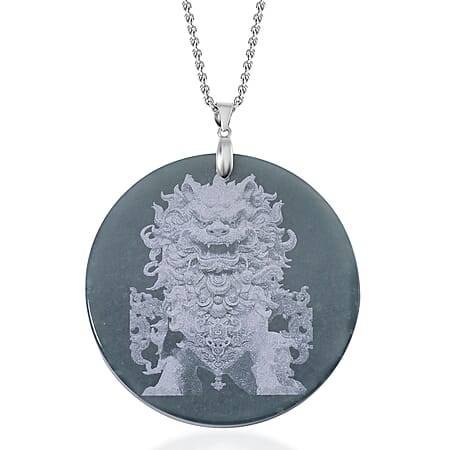 Natural Type A Olmec Jadeite Lion Pendant with Chain (Size 20) in Rhodium Overlay Sterling Silver 185 Ct.