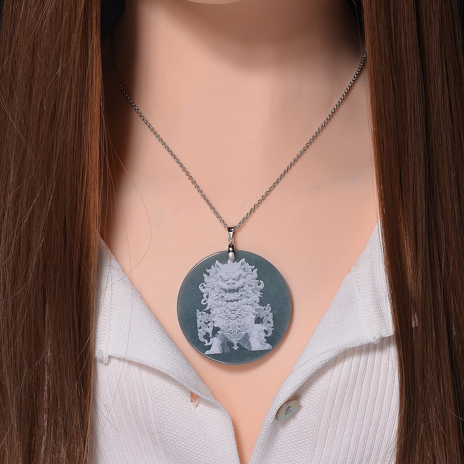 Natural Type A Olmec Jadeite Lion Pendant with Chain (Size 20) in Rhodium Overlay Sterling Silver 185 Ct.