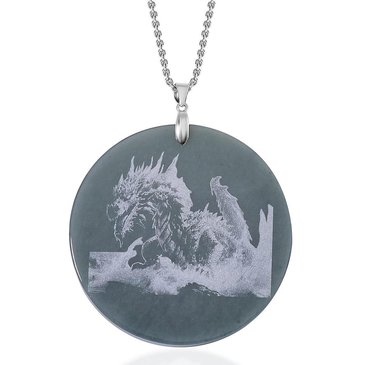 Natural Type A Jadeite Dragon Pendant with Chain (Size 20) in Rhodium Overlay Sterling Silver 185.00 Ct