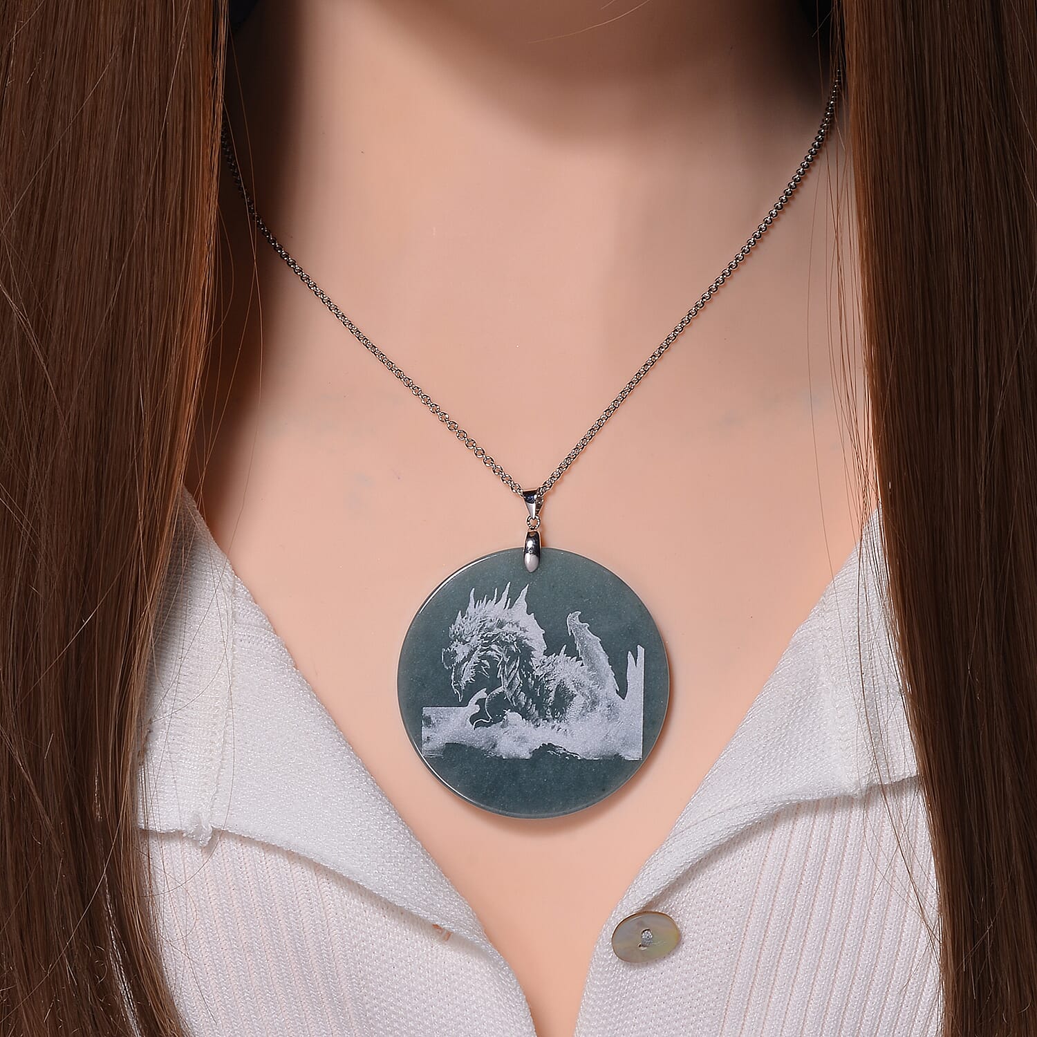 Natural Type A Jadeite Dragon Pendant with Chain (Size 20) in Rhodium Overlay Sterling Silver 185.00 Ct