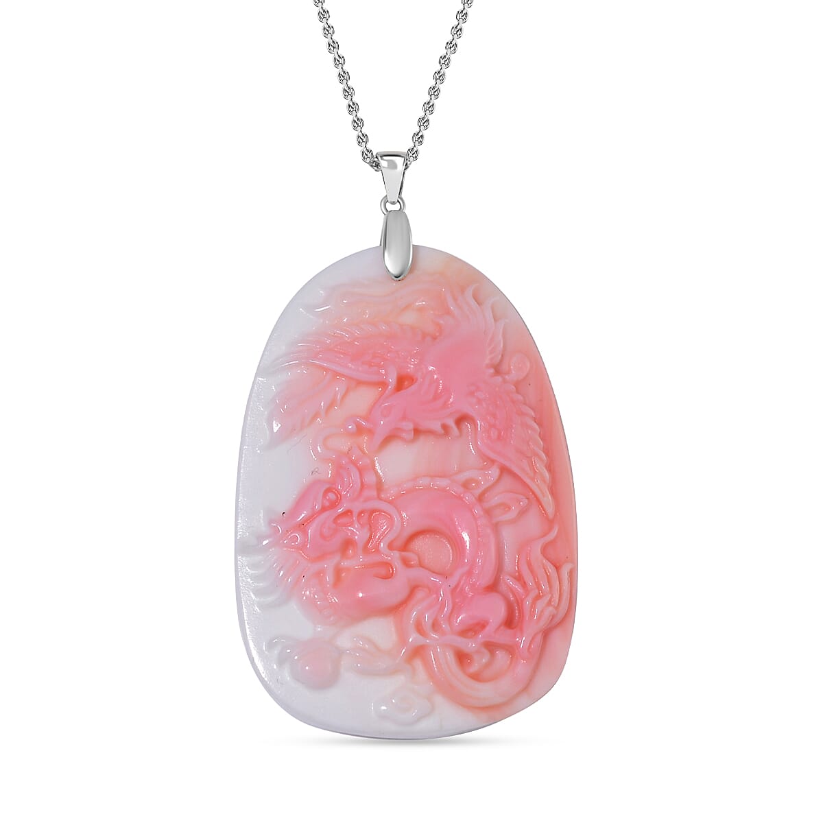 Pink Conch Shell Carved Garuda & Naga Pendant with Chain (Size 20) in Rhodium Overlay Sterling Silver 135.00 Ct
