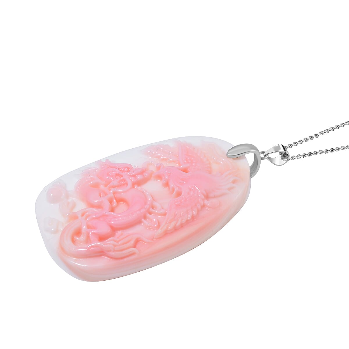 Pink Conch Shell Carved Garuda & Naga Pendant with Chain (Size 20) in Rhodium Overlay Sterling Silver 135.00 Ct