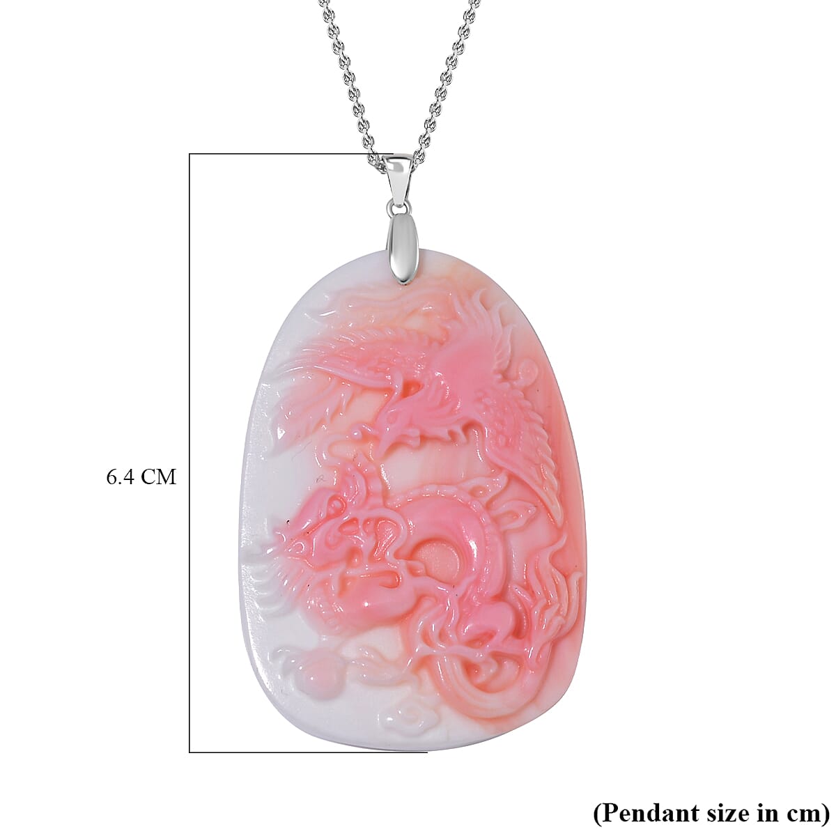 Pink Conch Shell Carved Garuda & Naga Pendant with Chain (Size 20) in Rhodium Overlay Sterling Silver 135.00 Ct