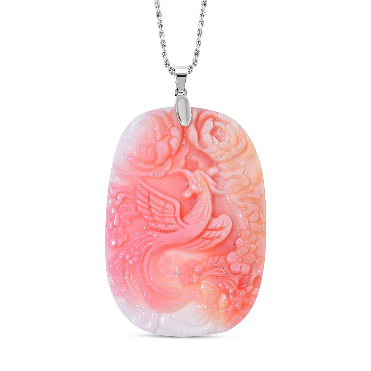 Queen Conch Shell Carved Phoenix Pendant with Chain in Lobster Clasp (Size 20) in Rhodium Overlay Sterling Silver 135.0 Ct. Queen Conch Shell Carved Phoenix Pendant with Chain in Lobster Clasp (Size 20) in Rhodium Overlay Sterling Silver 135.0 Ct.