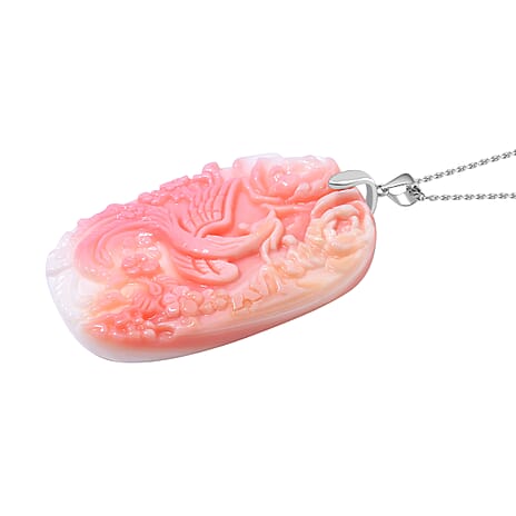 Queen Conch Shell Carved Phoenix Pendant with Chain in Lobster Clasp (Size 20) in Rhodium Overlay Sterling Silver