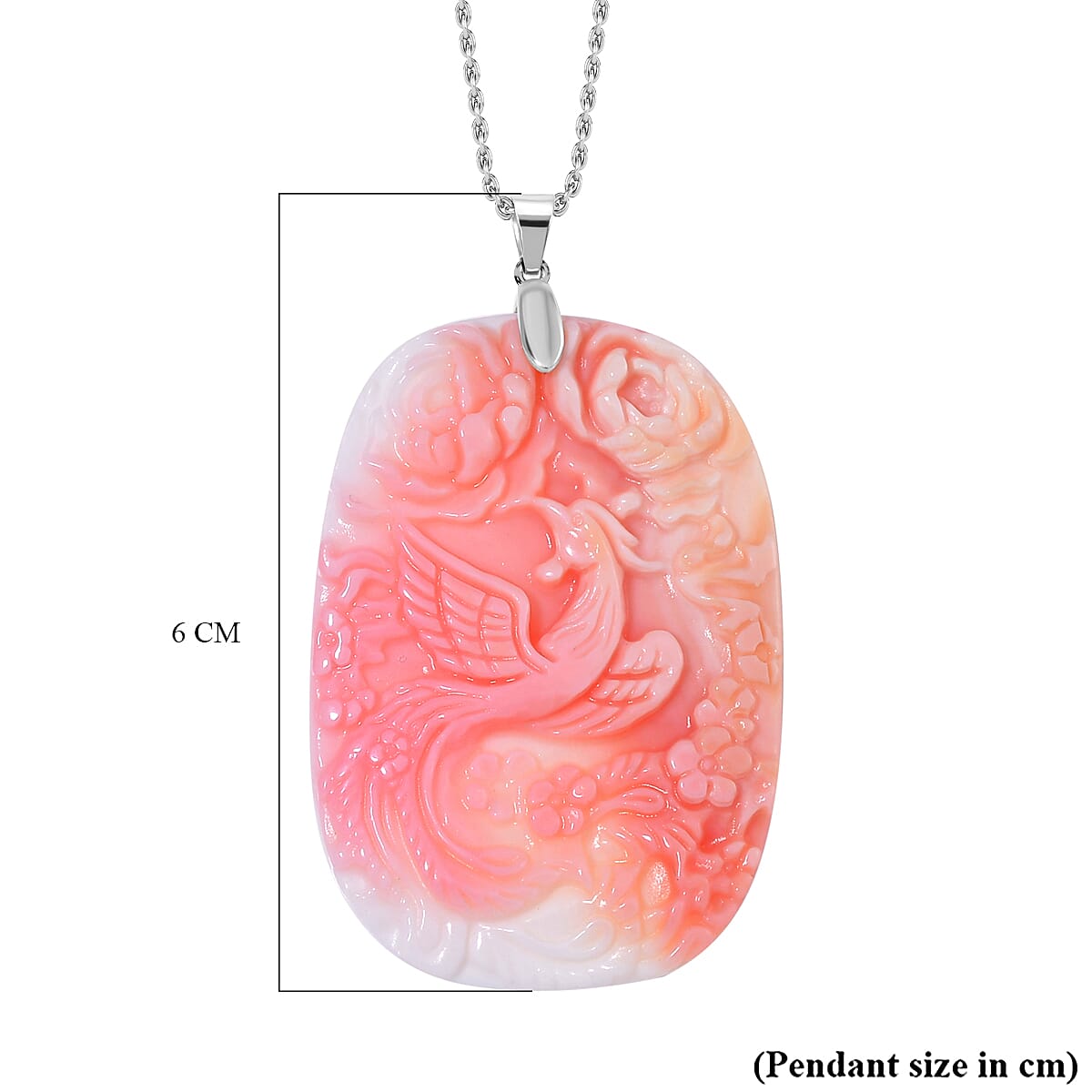 Queen Conch Shell Carved Phoenix Pendant with Chain in Lobster Clasp (Size 20) in Rhodium Overlay Sterling Silver 135.0 Ct. Queen Conch Shell Carved Phoenix Pendant with Chain in Lobster Clasp (Size 20) in Rhodium Overlay Sterling Silver 135.0 Ct.