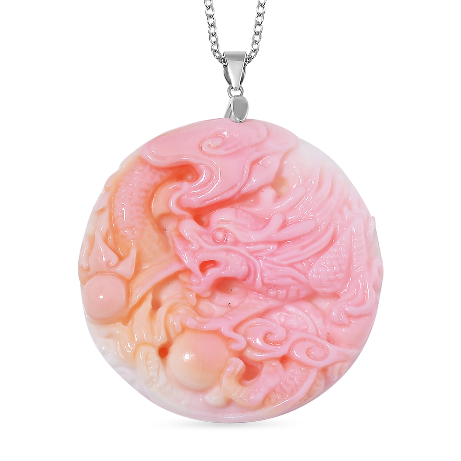 Pink Conch Shell Phoenix Pendant with Chain (Size 20) in Rhodium Sterling Silver 120.00 Ct.