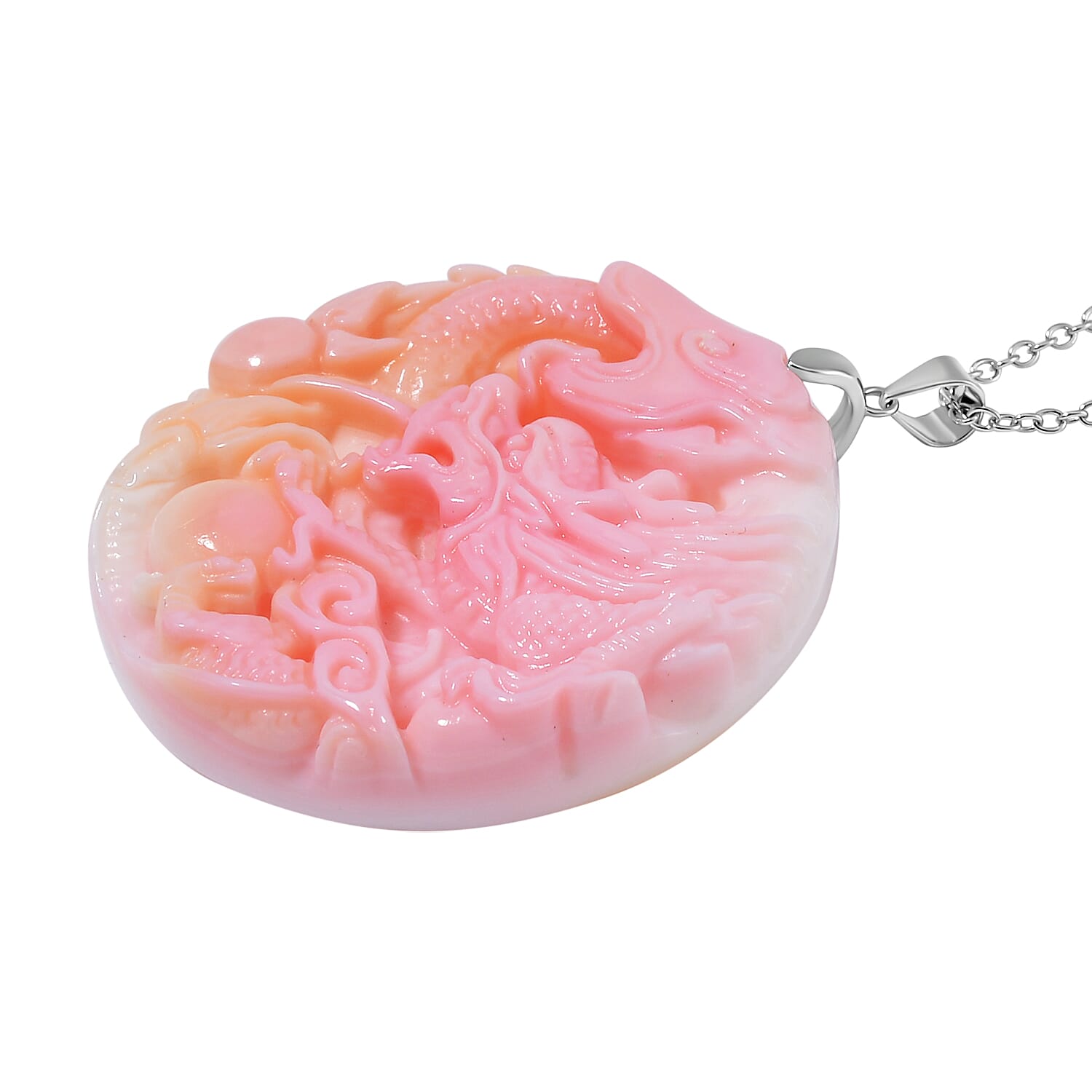 Pink Conch Shell Phoenix Pendant with Chain (Size 20) in Rhodium Sterling Silver 120.00 Ct.