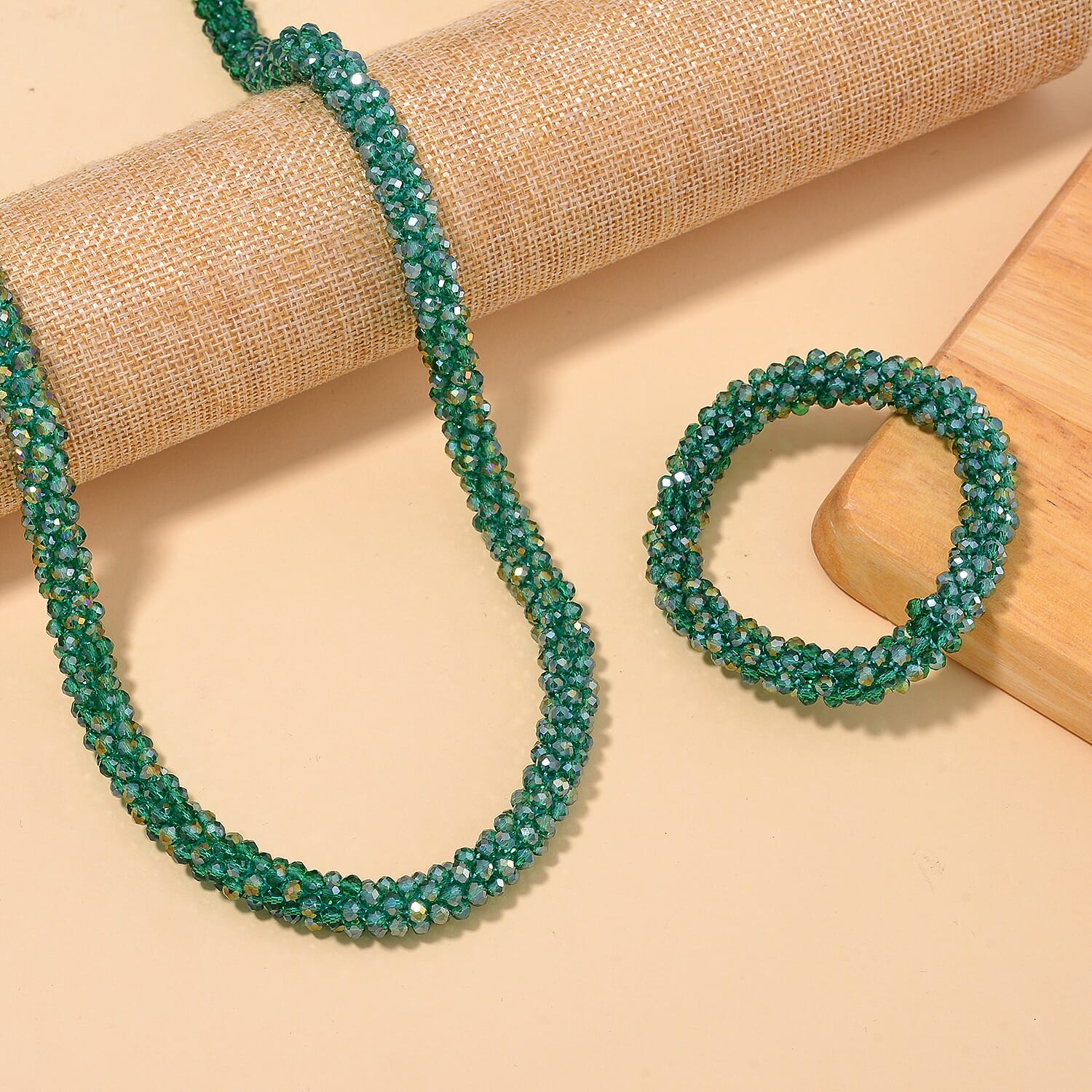 2 Piece Set - Green Austrian Crystal Stone Necklace (Size 30) and Bracelet (Size 6.5-7)