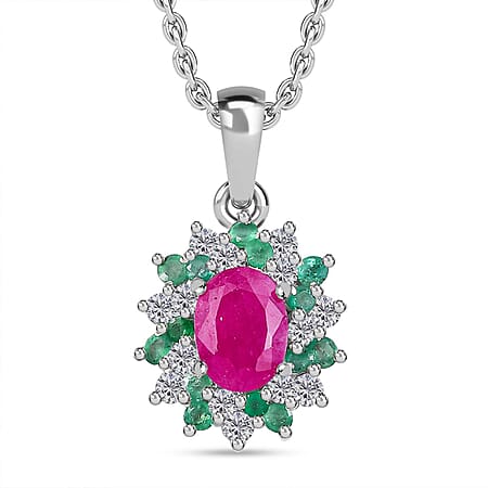 John Saul Ruby, Emerald and Moissanite Halo Pendant with Chain (Size 20) in Rhodium Overlay Sterling Silver 2.53 ct.