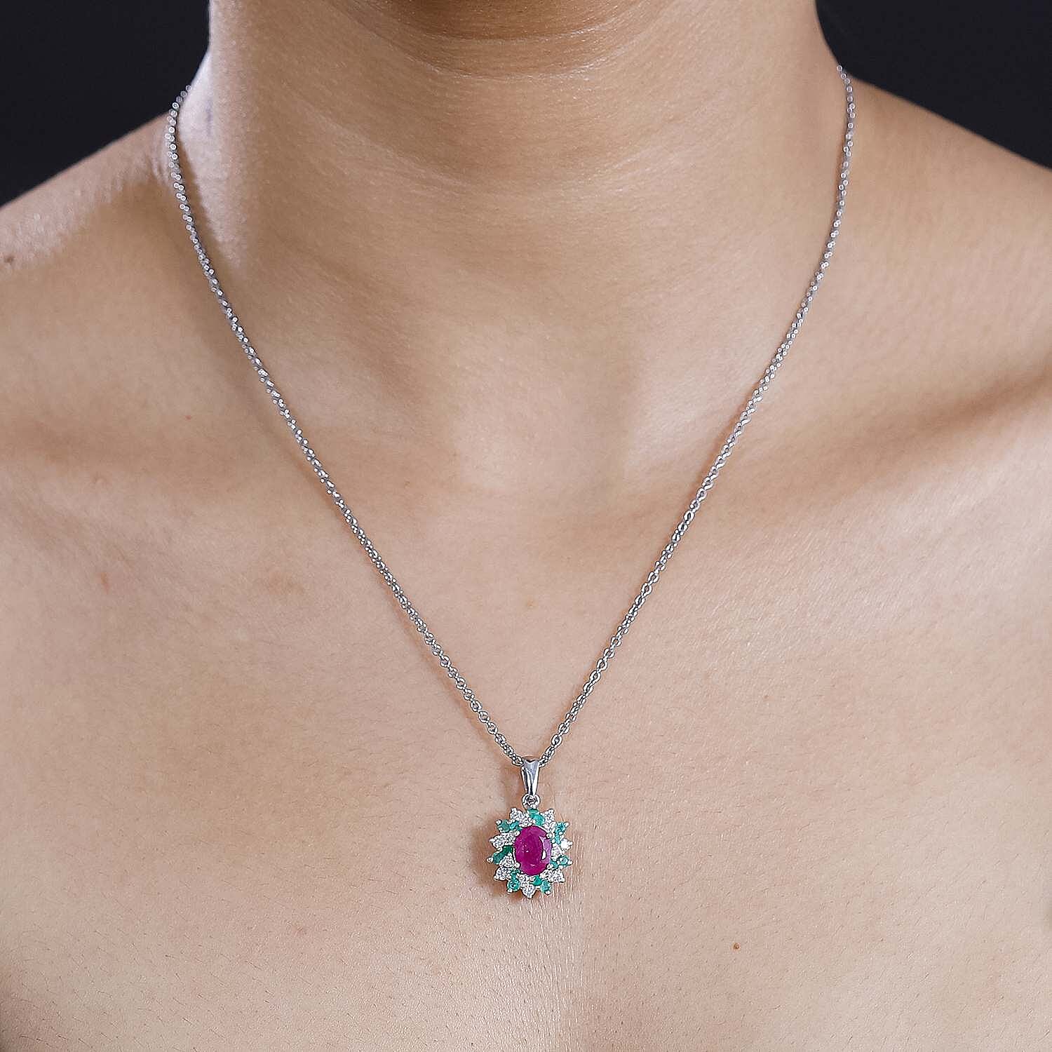 John Saul Natural  Ruby, Emerald and Moissanite Pendant with Chain (Size 20) in Rhodium Overlay Sterling Silver 2.53 ct.