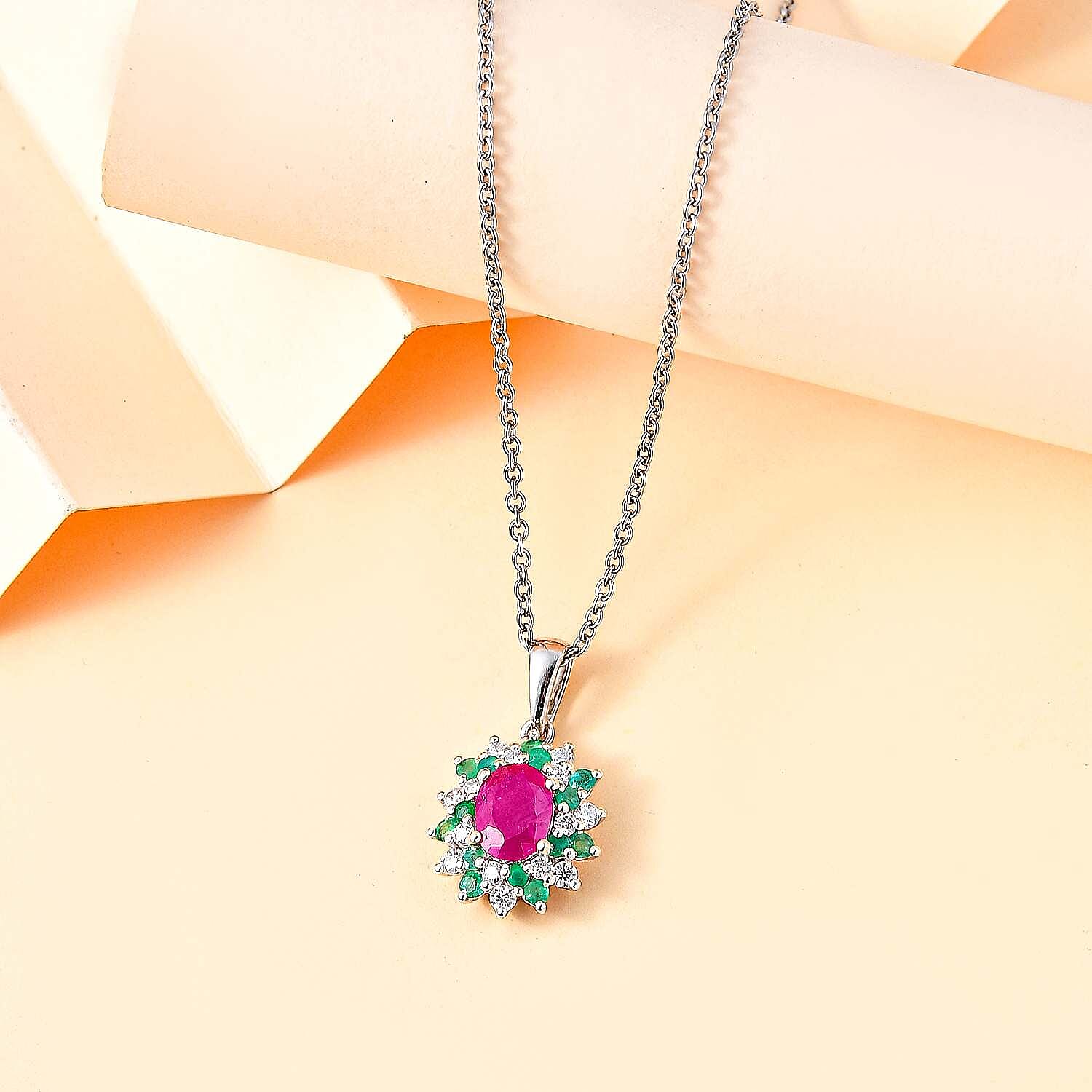 John Saul Natural  Ruby, Emerald and Moissanite Pendant with Chain (Size 20) in Rhodium Overlay Sterling Silver 2.53 ct.