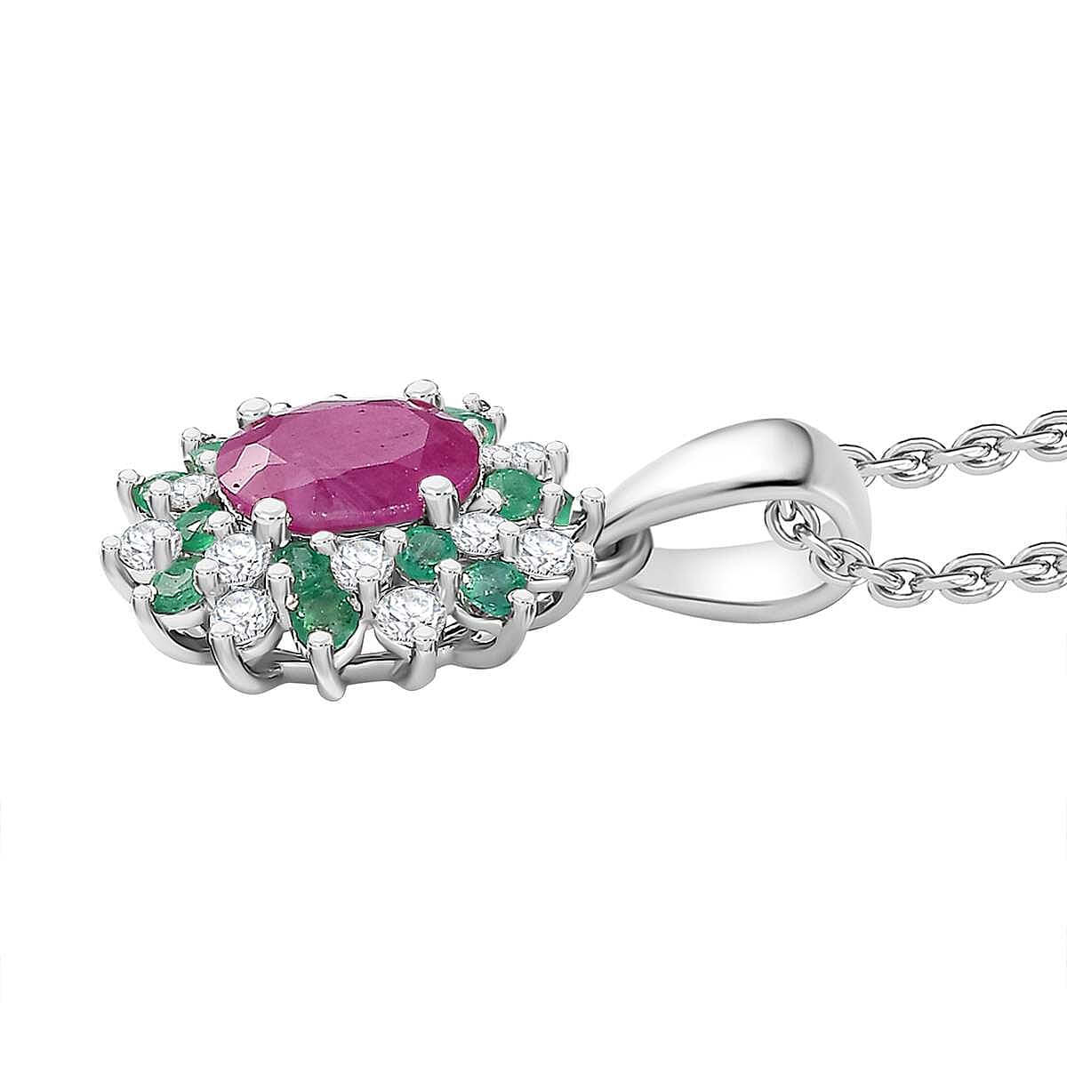 John Saul Natural  Ruby, Emerald and Moissanite Pendant with Chain (Size 20) in Rhodium Overlay Sterling Silver 2.53 ct.