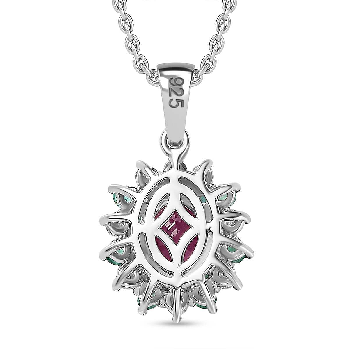 John Saul Natural  Ruby, Emerald and Moissanite Pendant with Chain (Size 20) in Rhodium Overlay Sterling Silver 2.53 ct.