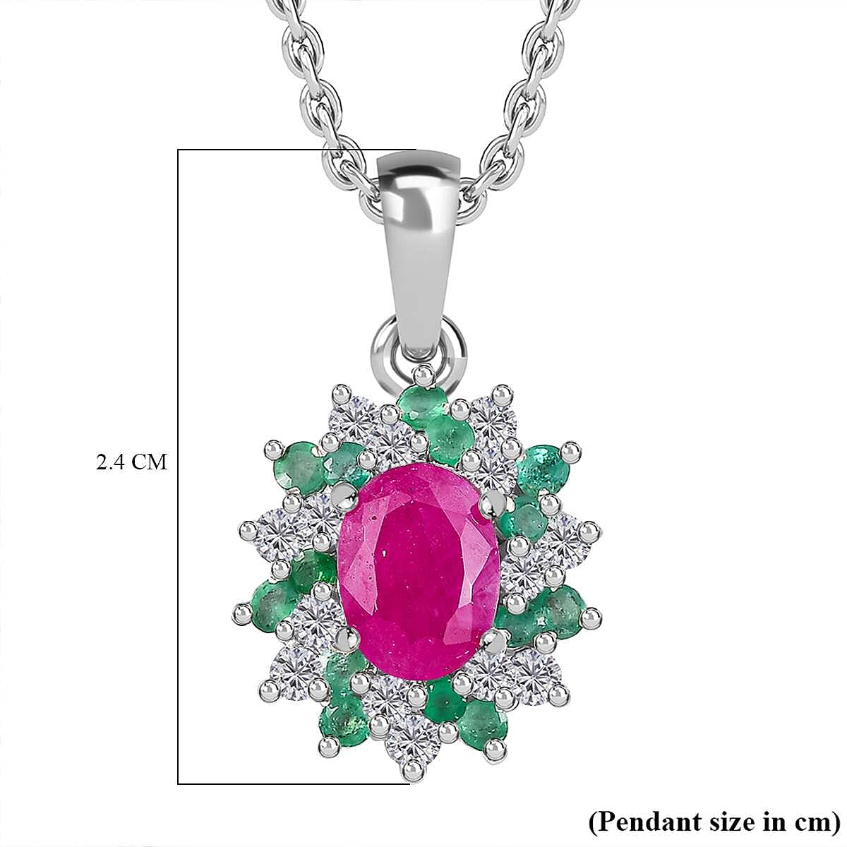 John Saul Natural  Ruby, Emerald and Moissanite Pendant with Chain (Size 20) in Rhodium Overlay Sterling Silver 2.53 ct.