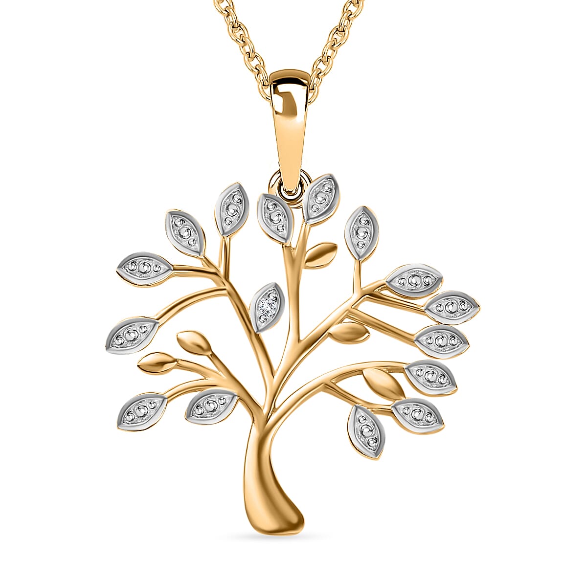 Natural Diamond Tree of Life Pendant with Chain (Size 20) in 14K Gold Overlay Sterling Silver