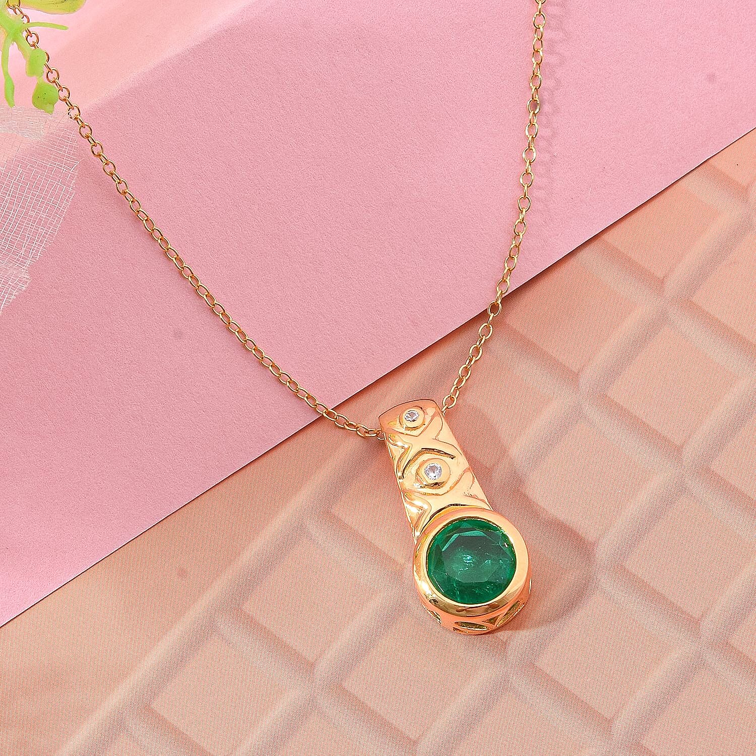 Emeraldine Triplet Quartz & White Zircon Pendant with Chain (Size - 20) in Vermeil Yellow Gold Plated Sterling Silver 3.32 Ct