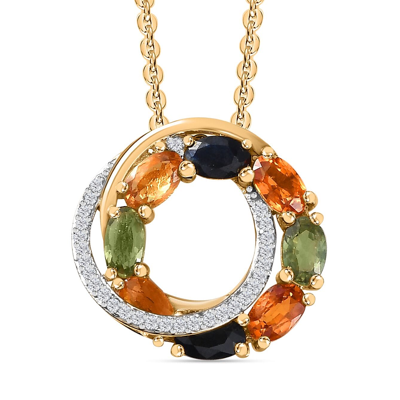 Orange Sapphire  Green Sapphire  Yellow Sapphire  Blue Sapphire,  White Zircon Pendant with Chain (Size 20) in 18K YG Vermeil Sterling Silver 0.29 ct  Silver Wt. 6.37 Gms  2.690  Ct.