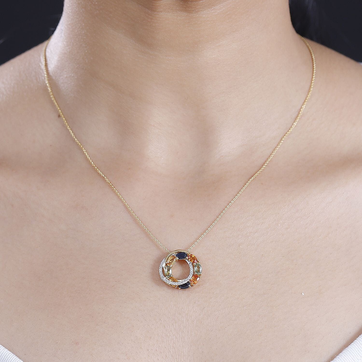 Orange Sapphire  Green Sapphire  Yellow Sapphire  Blue Sapphire,  White Zircon Pendant with Chain (Size 20) in 18K YG Vermeil Sterling Silver 0.29 ct  Silver Wt. 6.37 Gms  2.690  Ct.