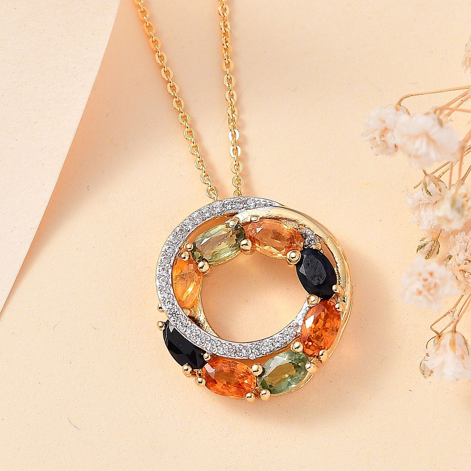 Orange Sapphire  Green Sapphire  Yellow Sapphire  Blue Sapphire,  White Zircon Pendant with Chain (Size 20) in 18K YG Vermeil Sterling Silver 0.29 ct  Silver Wt. 6.37 Gms  2.690  Ct.