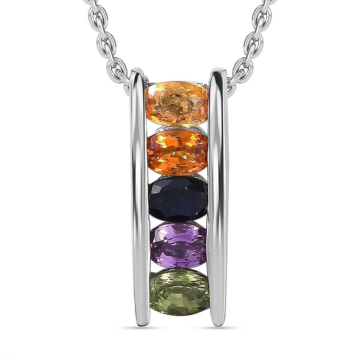Orange Sapphire  Green Sapphire  Pink Sapphire  Yellow Sapphire  Blue Sapphire Pendant with Chain (Size 20) in rhodium Sterling Silver  Wt. 5.4 Gms  1.450  Ct.