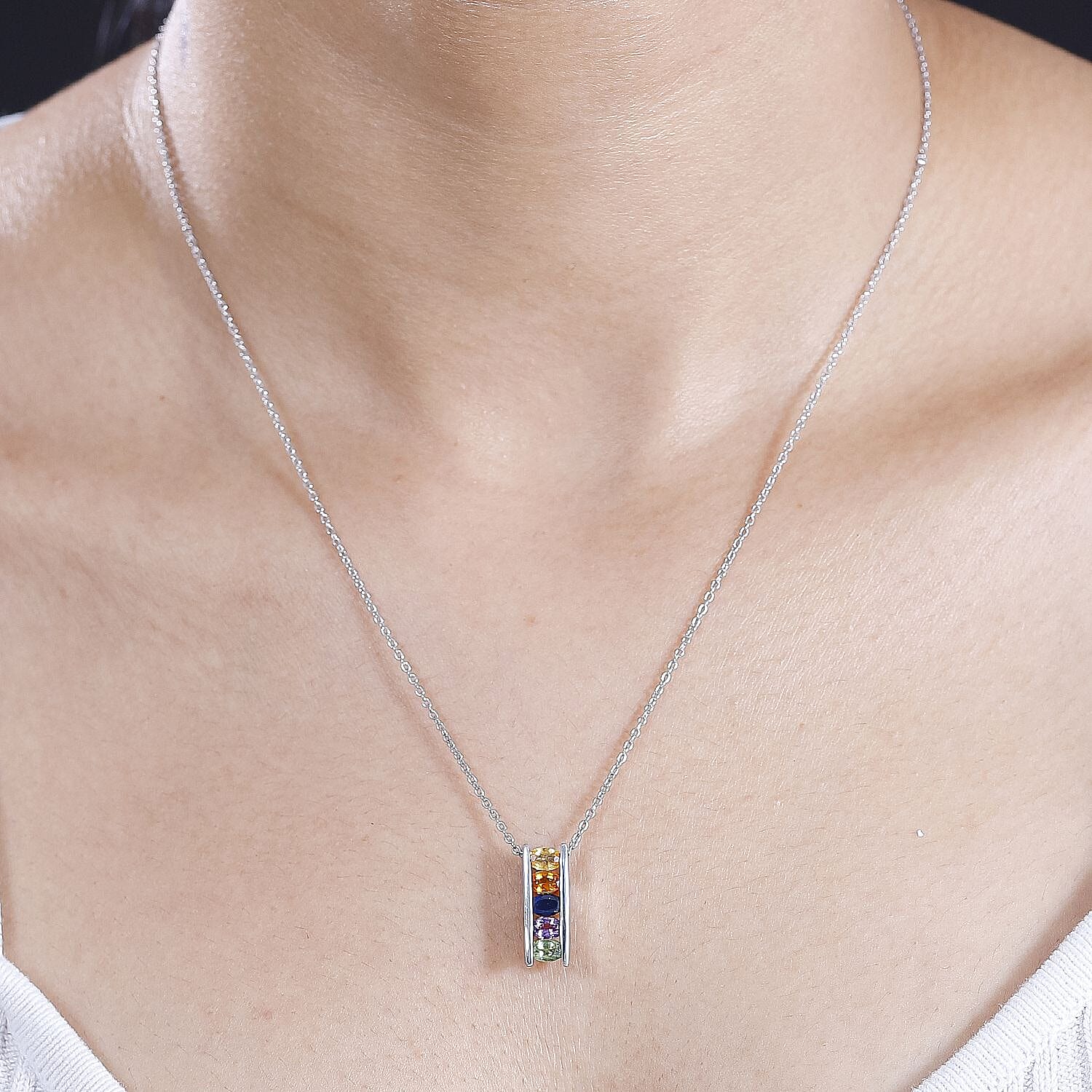 Orange Sapphire  Green Sapphire  Pink Sapphire  Yellow Sapphire  Blue Sapphire Pendant with Chain (Size 20) in rhodium Sterling Silver  Wt. 5.4 Gms  1.450  Ct.