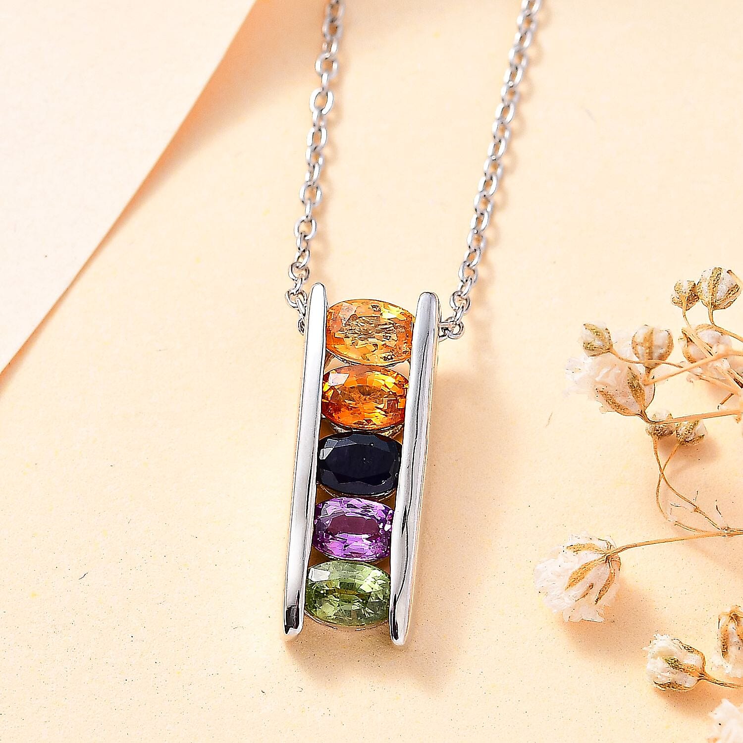 Orange Sapphire  Green Sapphire  Pink Sapphire  Yellow Sapphire  Blue Sapphire Pendant with Chain (Size 20) in rhodium Sterling Silver  Wt. 5.4 Gms  1.450  Ct.