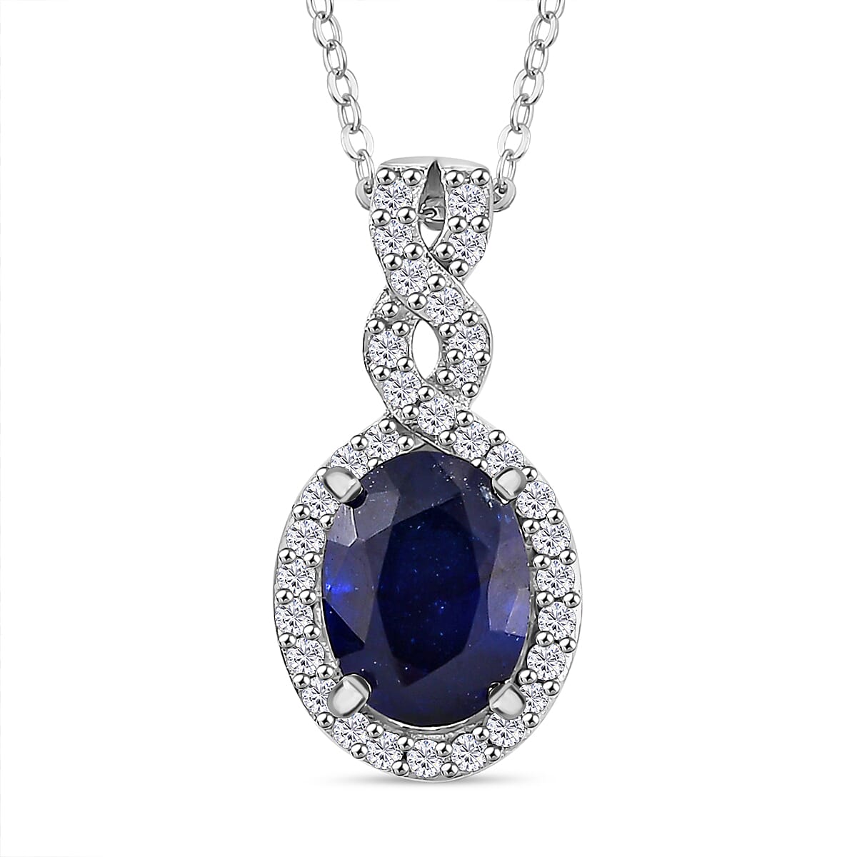 Fissure Filled Blue Sapphire,  White Zircon Pendant with Chain (Size 20) in rhodium Sterling Silver 0.44 ct  1.990  Ct.