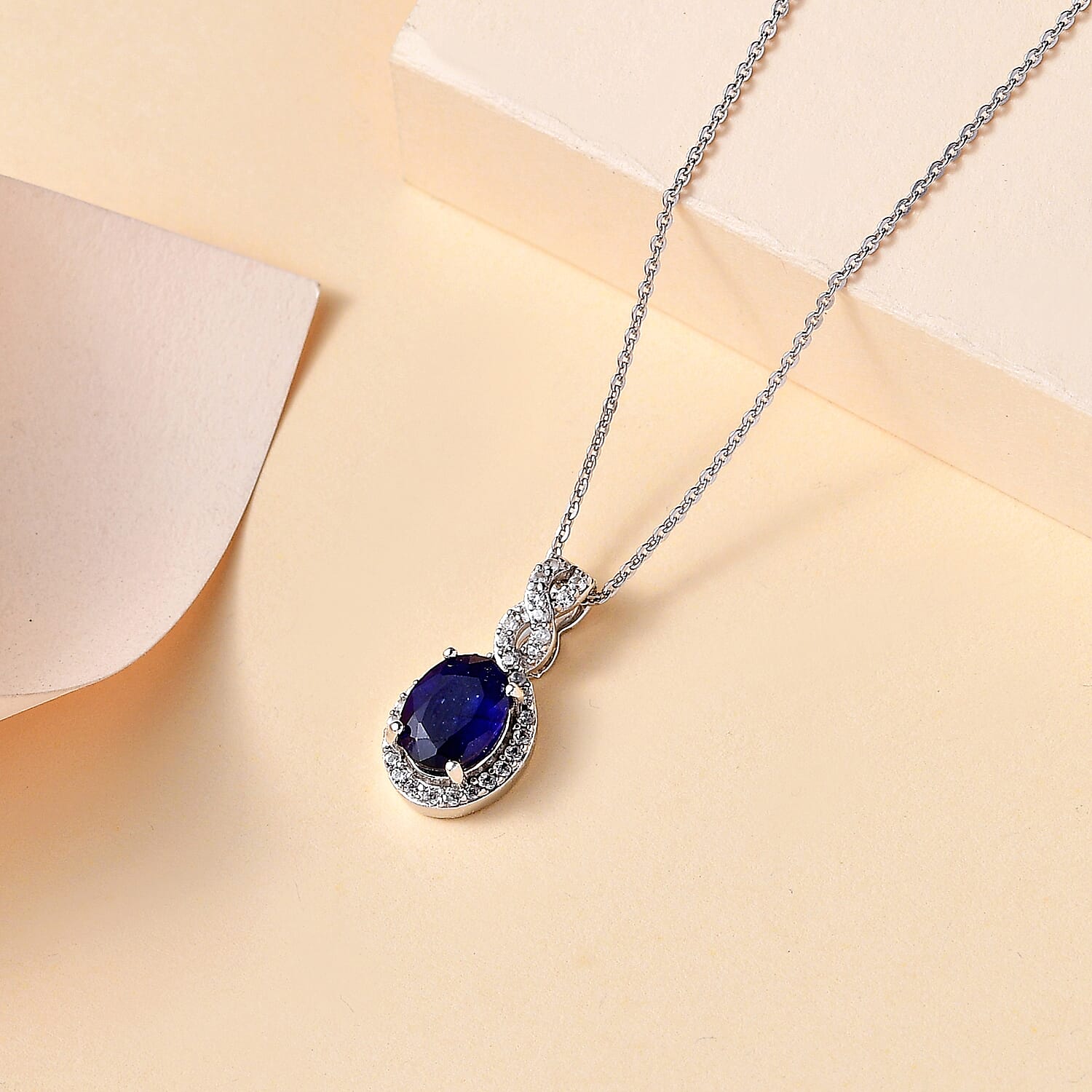 Fissure Filled Blue Sapphire,  White Zircon Pendant with Chain (Size 20) in rhodium Sterling Silver 0.44 ct  1.990  Ct.