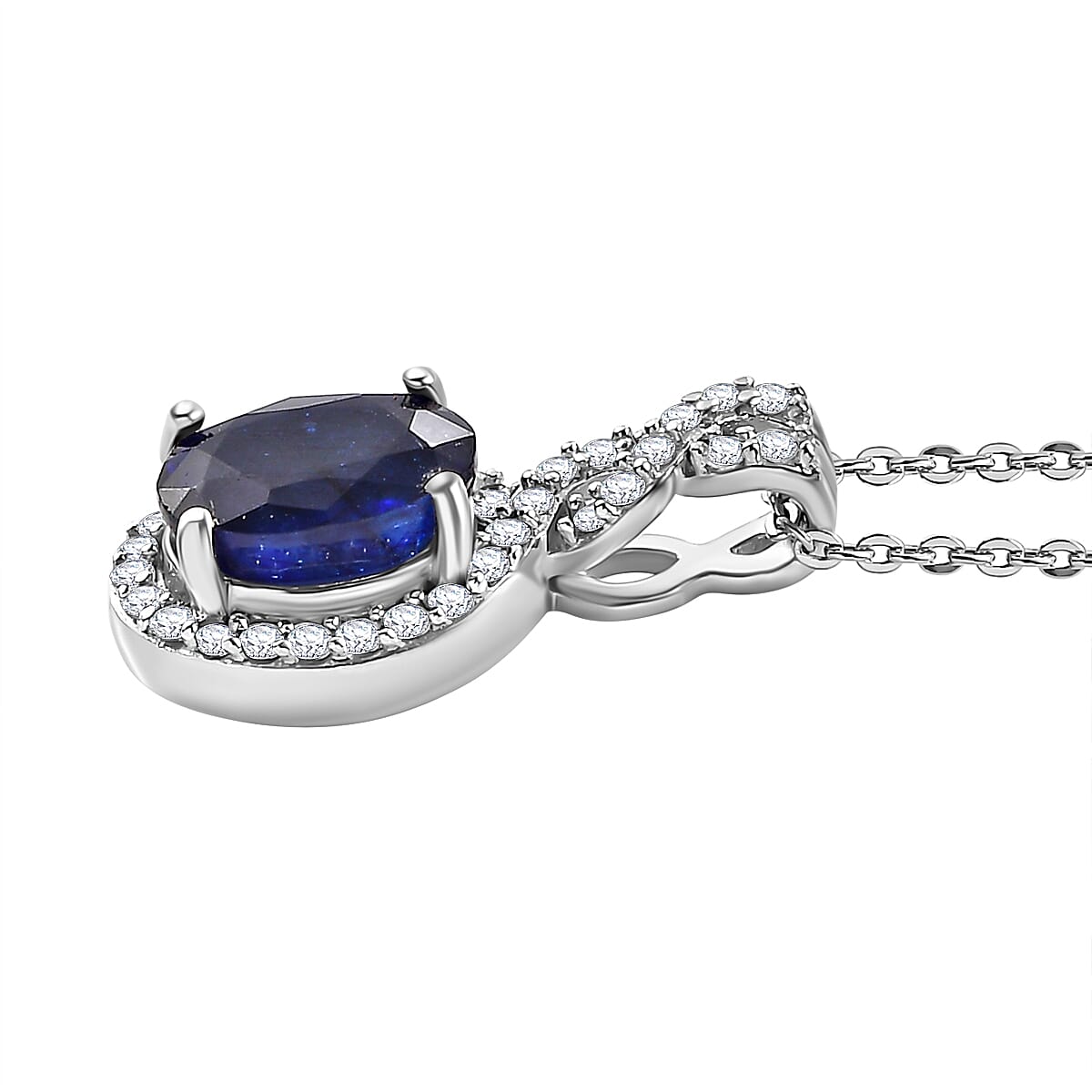 Fissure Filled Blue Sapphire,  White Zircon Pendant with Chain (Size 20) in rhodium Sterling Silver 0.44 ct  1.990  Ct.