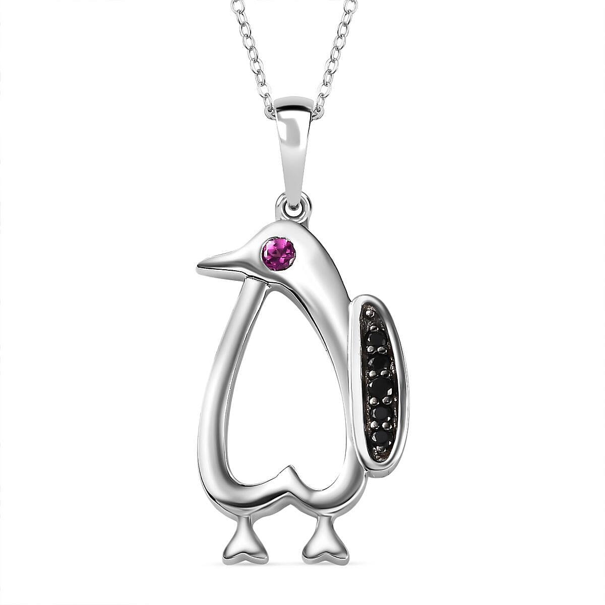 Rhodolite Garnet,  Black Spinel Pendant with Chain (Size 20) in rhodium Sterling Silver 0.15 ct  0.200  Ct.
