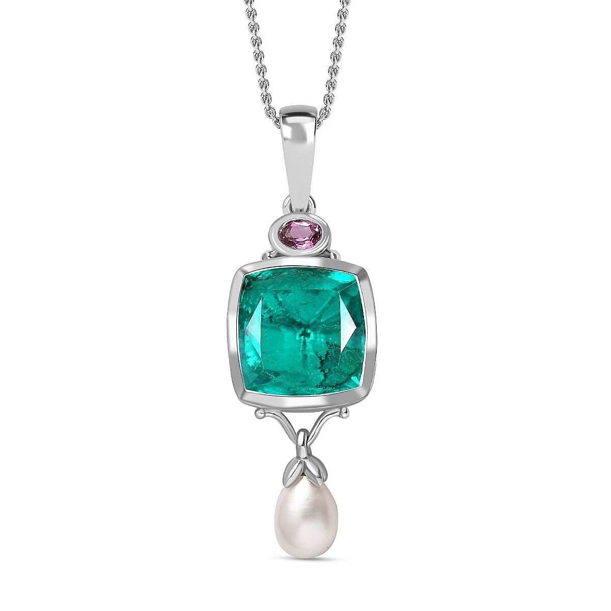 Emeraldine  Quartz, Fresh Water Pearl & Lotus Garnet Pendant with Chain (Size 20) in Rhodium Overlay Sterling Silver 9.88 Ct, Silver Wt. 6.16 GM
