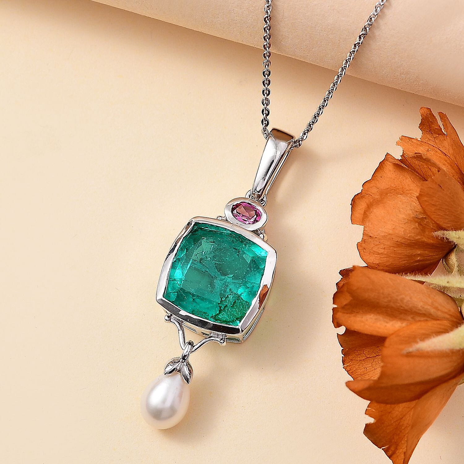 Emeraldine  Quartz, Fresh Water Pearl & Lotus Garnet Pendant with Chain (Size 20) in Rhodium Overlay Sterling Silver 9.88 Ct, Silver Wt. 6.16 GM