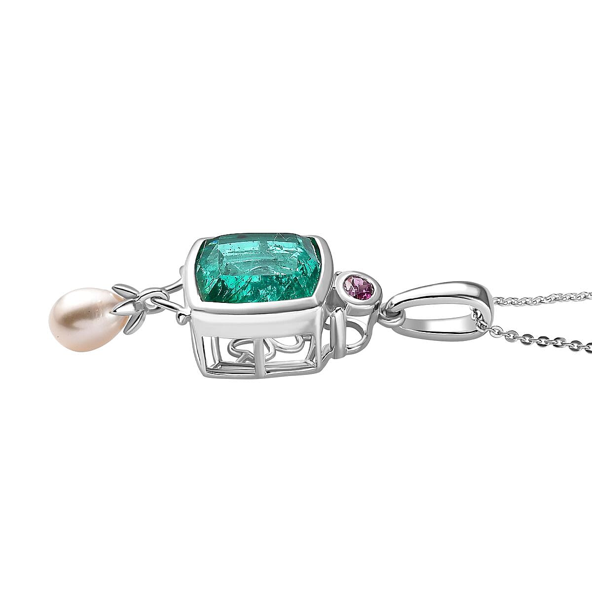 Emeraldine  Quartz, Fresh Water Pearl & Lotus Garnet Pendant with Chain (Size 20) in Rhodium Overlay Sterling Silver 9.88 Ct, Silver Wt. 6.16 GM