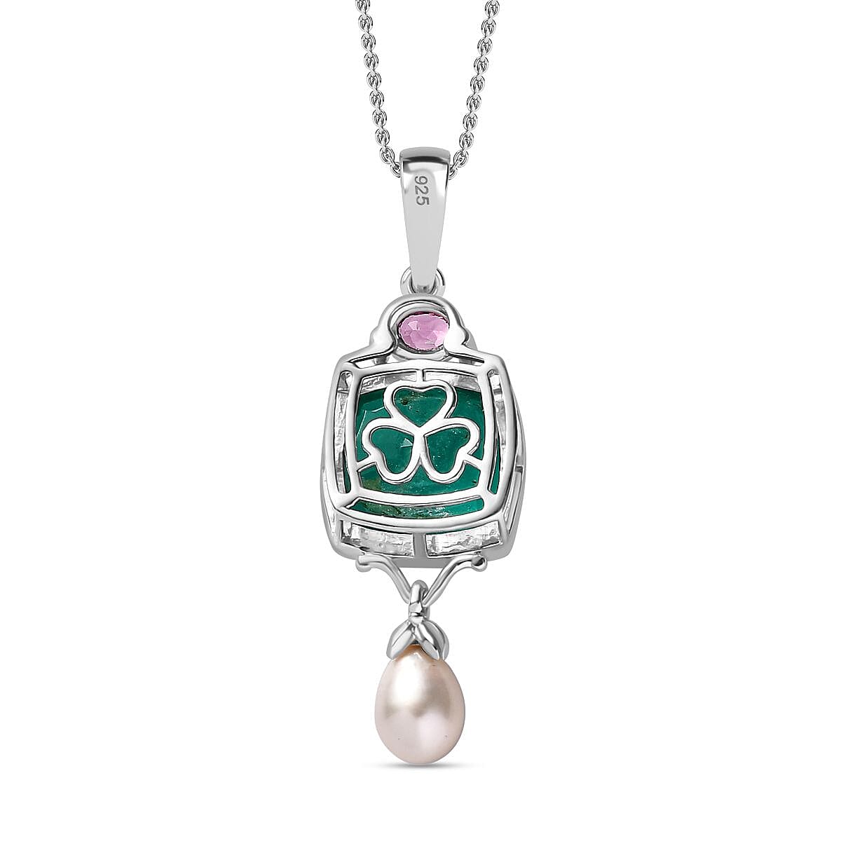 Emeraldine  Quartz, Fresh Water Pearl & Lotus Garnet Pendant with Chain (Size 20) in Rhodium Overlay Sterling Silver 9.88 Ct, Silver Wt. 6.16 GM