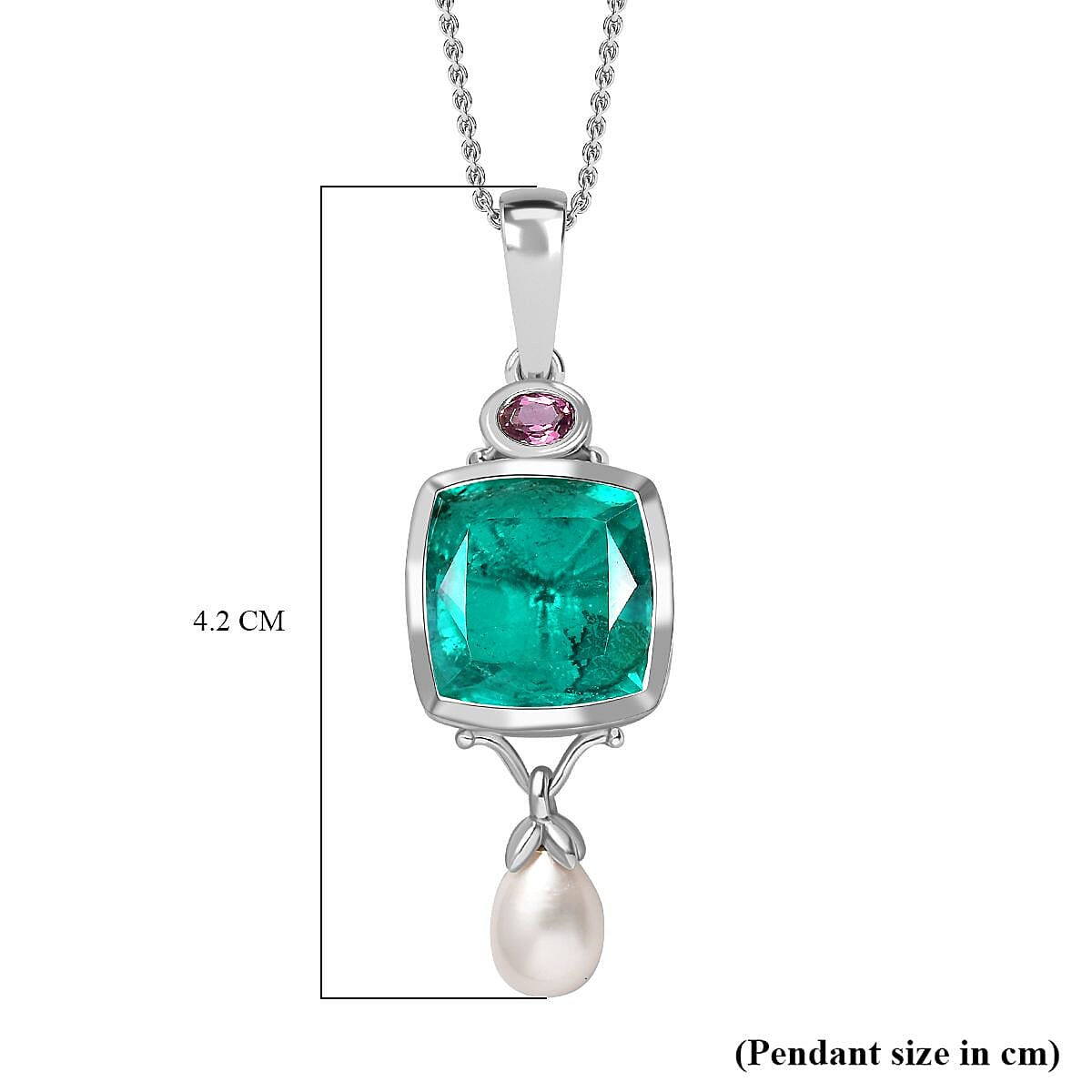 Emeraldine  Quartz, Fresh Water Pearl & Lotus Garnet Pendant with Chain (Size 20) in Rhodium Overlay Sterling Silver 9.88 Ct, Silver Wt. 6.16 GM