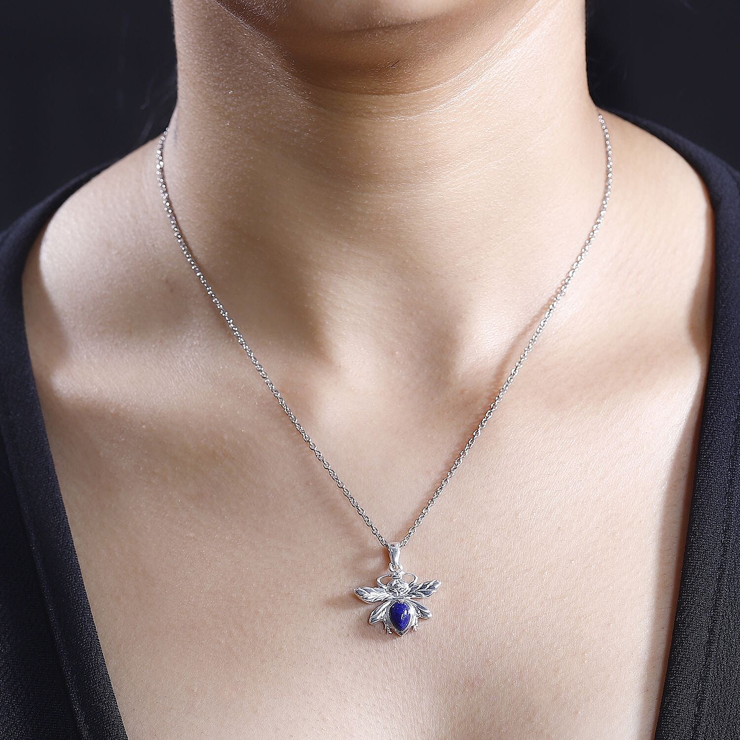 Lapis Lazuli Dragon Fly Solitaire Sterling Silver Pendant with Stainless Steel Chain (Size 20)