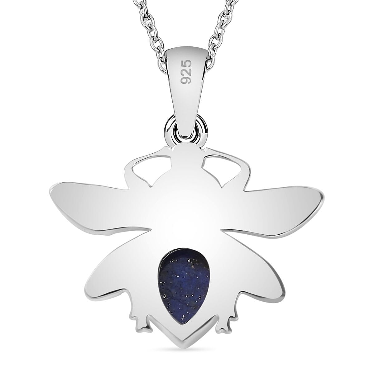 Lapis Lazuli Dragon Fly Solitaire Sterling Silver Pendant with Stainless Steel Chain (Size 20)