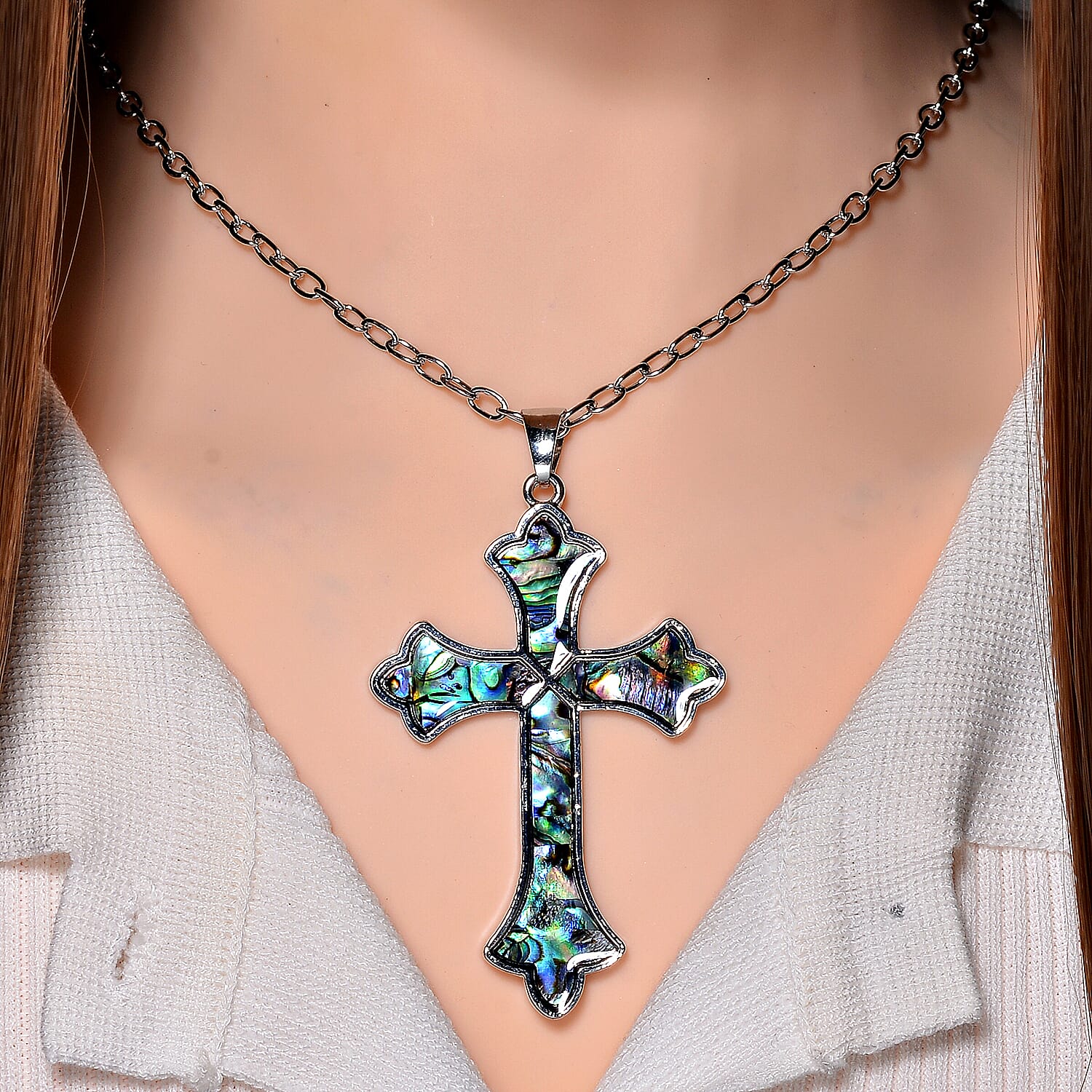 Abalone Shell Cross Pendant with Chain (Size 24)