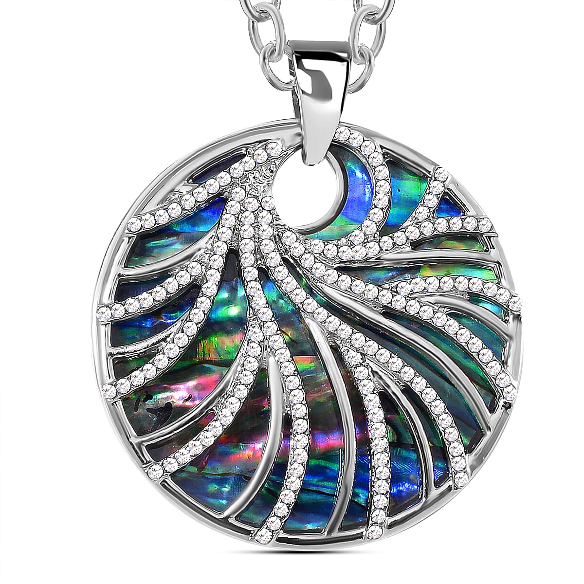 Abalone Shell, White Crystal Pendant with Chain (Size 24)