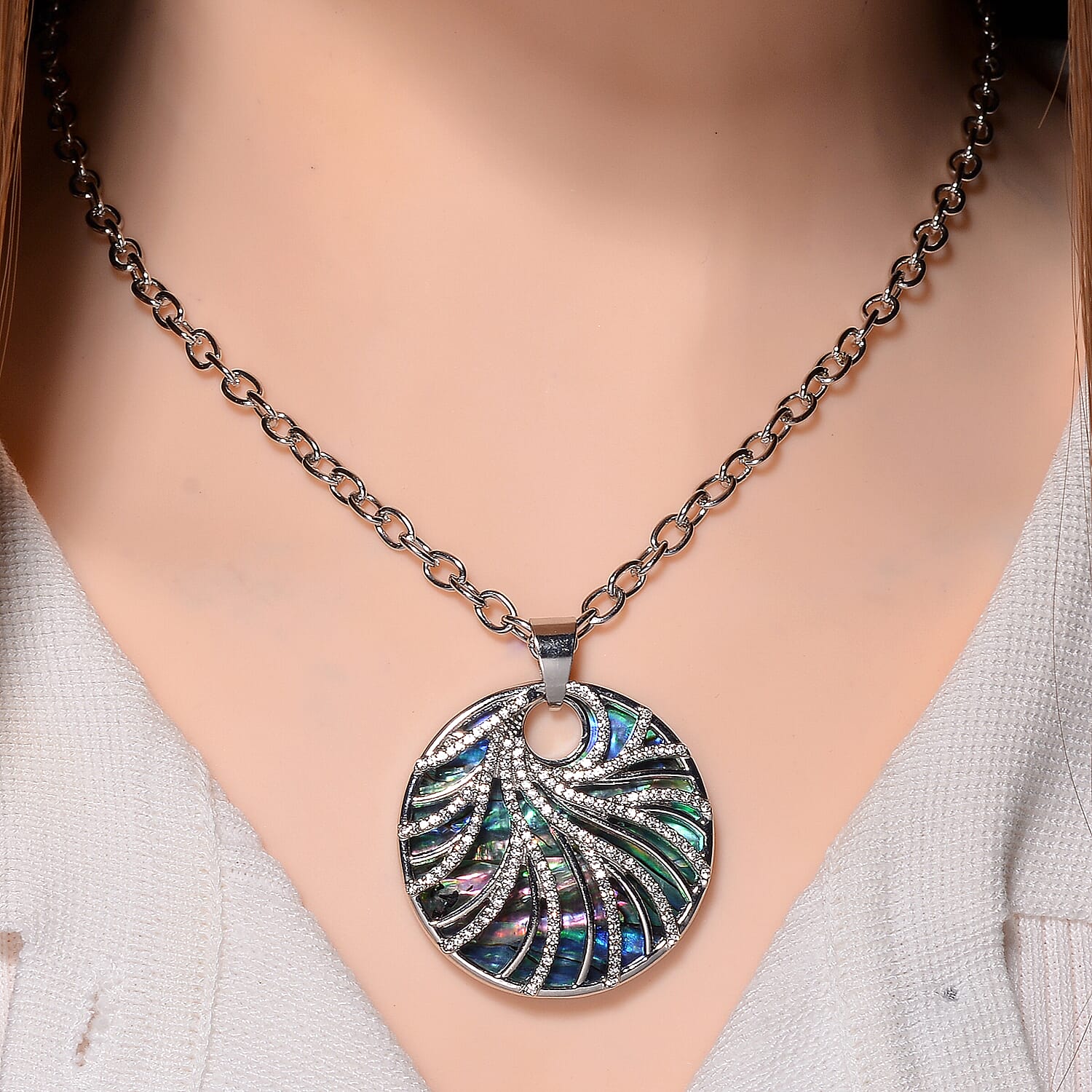 Abalone Shell, White Crystal Pendant with Chain (Size 24)
