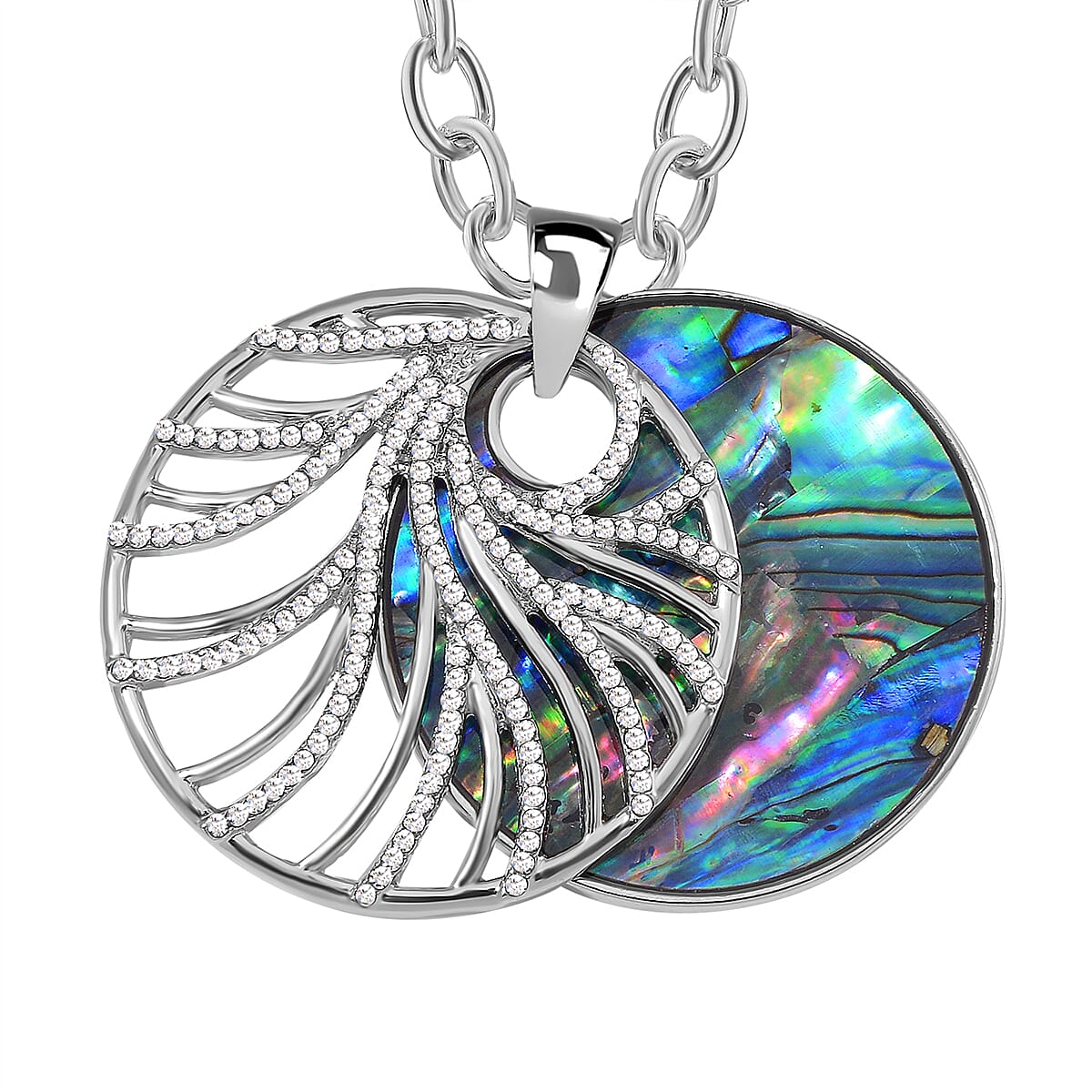 Abalone Shell, White Crystal Pendant with Chain (Size 24)